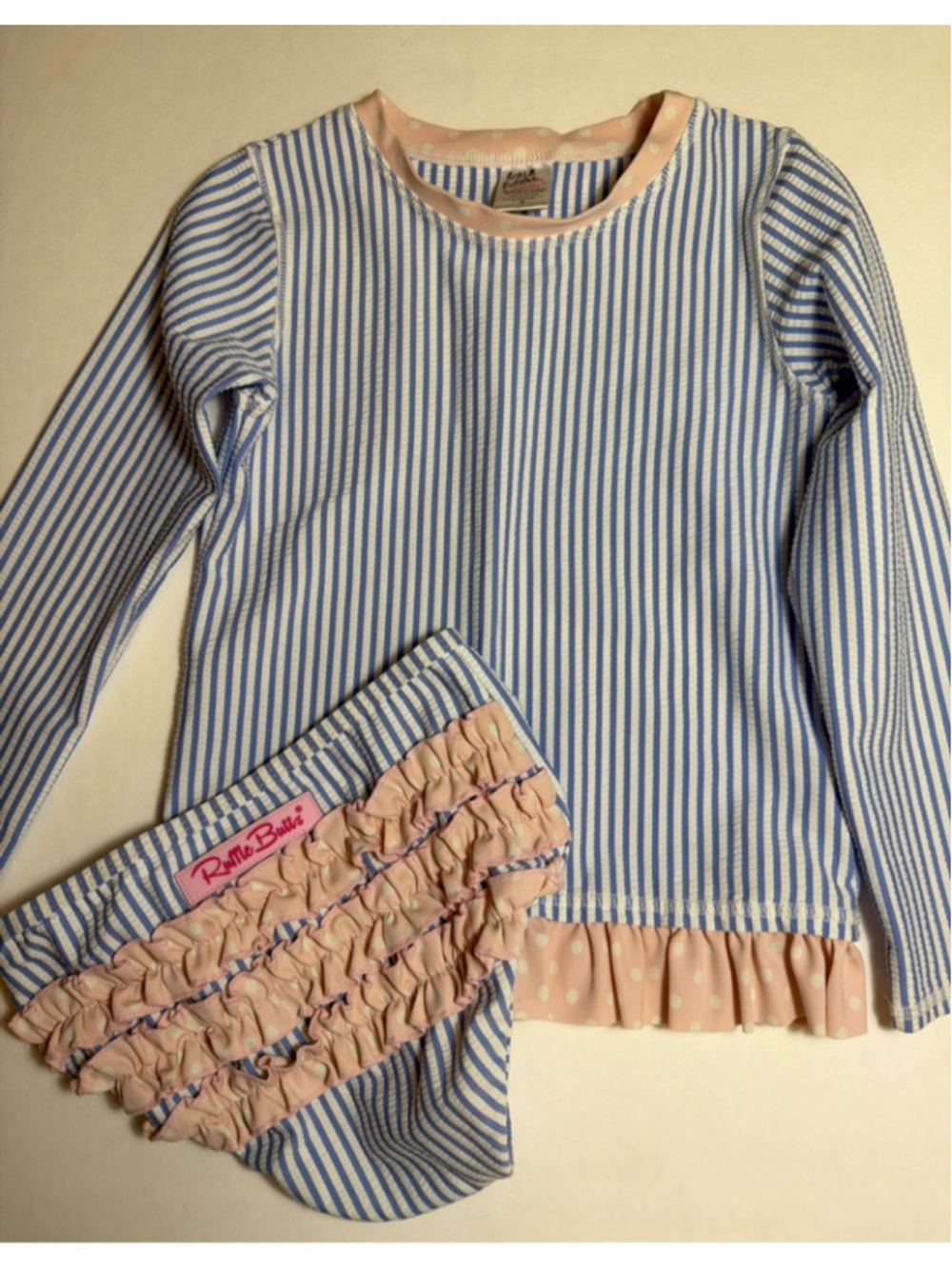 Girls Ruffle Butts Rashguard Long Sleeve Seersucker Bathing Swimsuit Size 5